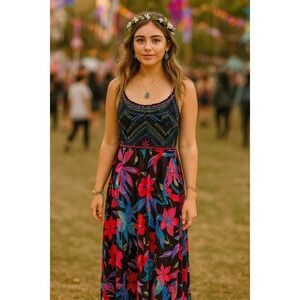 Cupio L Floral Embroider Boho Cami Hippie Gypsy Fairycore Maxi Dress Festival